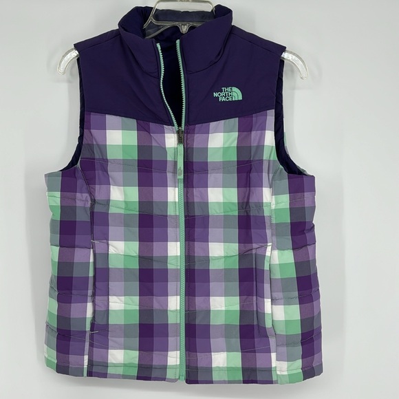 The North Face Girl's Reversible Plaid Puffer Vest Purple Mint White - Picture 2 of 11